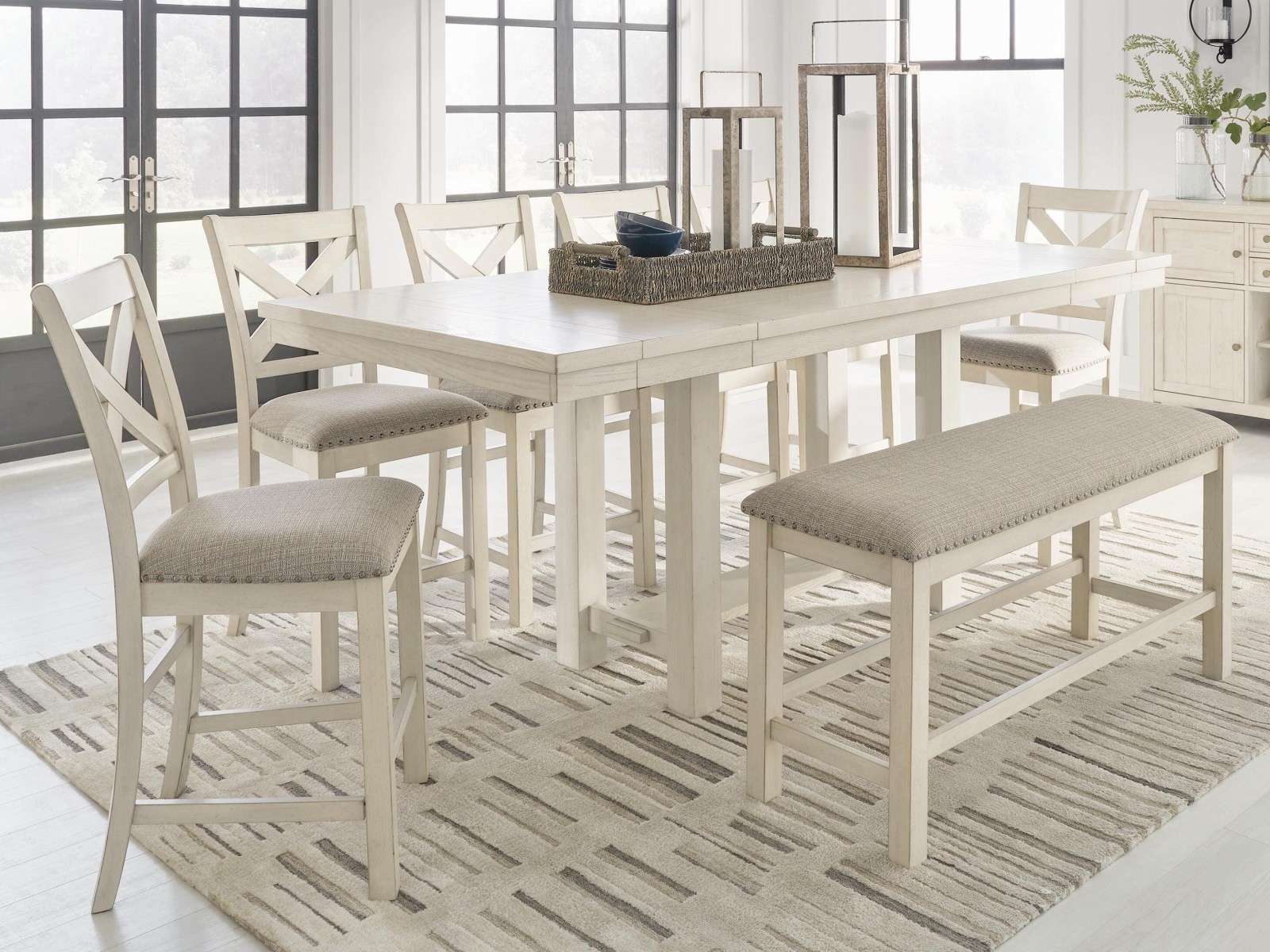 Robbinsdale Counter Height Extension Dining Table, 6 Barstools and Bench